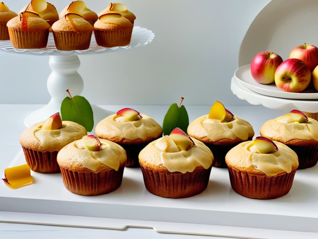  An 8k ultradetailed image of a sleek, modern kitchen countertop adorned with a row of freshly baked, golden brown apple cinnamon muffins, glistening with a light drizzle of honey. The muffins are artfully arranged on a white marble serving board, surrounded by a scattering of vibrant red and green apple slices. The soft natural light streaming in from a nearby window casts a gentle glow on the scene, highlighting the textures of the muffins and the freshness of the ingredients. The minimalist composition conveys a sense of elegance and simplicity, perfectly complementing the theme of healthy baking with apples. hyperrealistic, full body, detailed clothing, highly detailed, cinematic lighting, stunningly beautiful, intricate, sharp focus, f/1. 8, 85mm, (centered image composition), (professionally color graded), ((bright soft diffused light)), volumetric fog, trending on instagram, trending on tumblr, HDR 4K, 8K