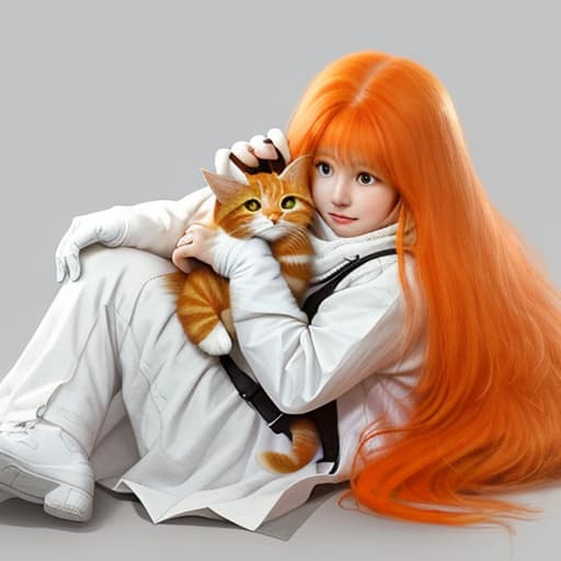  A long-haired, white-gloved orange cat, a timid, innocent, cute kitten,