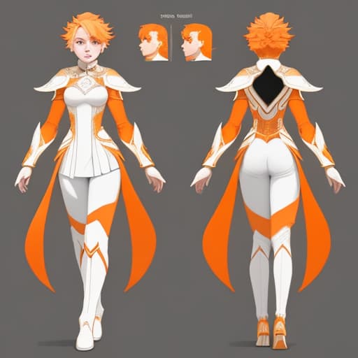  Character Sheet, Goddess, Fire Goddess, Young Woman, Short Blonde Fire Hair, Hair on Fire, Orange Eyes, White long tailcoat accented by Orange, White knee-high boots accented by orange, Grey Leggings, Anime, Fantasy, Futuristic, Modern