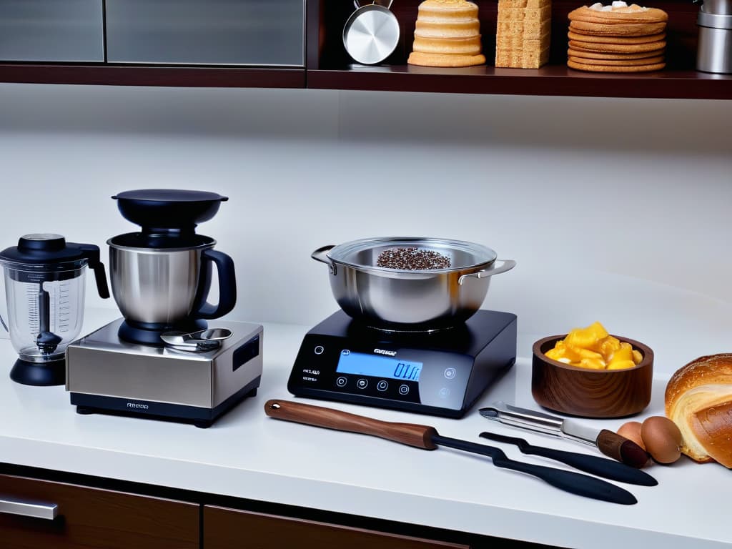  An ultradetailed, 8k resolution image of a sleek, modern kitchen countertop adorned with an array of professional baking tools and equipment meticulously arranged in a visually pleasing and organized manner. The tools include a digital kitchen scale, highquality measuring cups and spoons, a selection of pastry brushes, piping bags with various tips, a kitchen blowtorch, a stand mixer with attachments, precision knives, a rolling pin, and a marble pastry board. The image captures the essence of precision, skill, and professionalism in the art of pastry making. hyperrealistic, full body, detailed clothing, highly detailed, cinematic lighting, stunningly beautiful, intricate, sharp focus, f/1. 8, 85mm, (centered image composition), (professionally color graded), ((bright soft diffused light)), volumetric fog, trending on instagram, trending on tumblr, HDR 4K, 8K