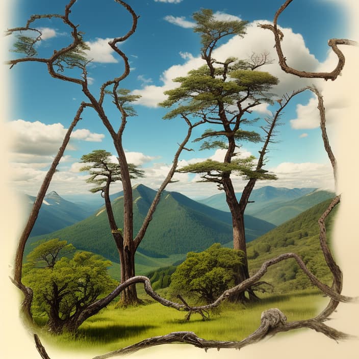  mountains,clouds, ancient trees,