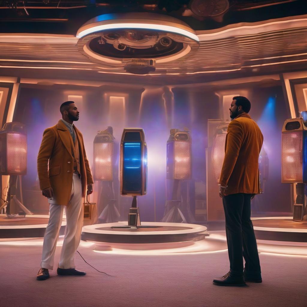  Giant speakers disco in the metropolis hyperrealistic, full body, detailed clothing, highly detailed, cinematic lighting, stunningly beautiful, intricate, sharp focus, f/1. 8, 85mm, (centered image composition), (professionally color graded), ((bright soft diffused light)), volumetric fog, trending on instagram, trending on tumblr, HDR 4K, 8K