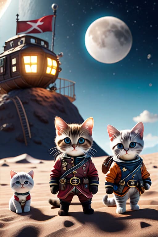  cartoon painting of 3 little pirate cats , in space suits on the Moon , high detailed , 8K hyperrealistic, full body, detailed clothing, highly detailed, cinematic lighting, stunningly beautiful, intricate, sharp focus, f/1. 8, 85mm, (centered image composition), (professionally color graded), ((bright soft diffused light)), volumetric fog, trending on instagram, trending on tumblr, HDR 4K, 8K