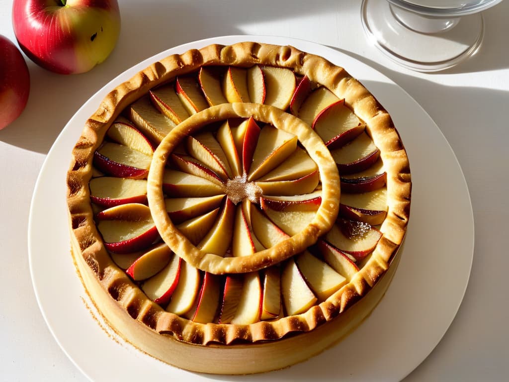  An ultradetailed closeup image of a freshly baked sugarfree apple cinnamon tart resting on a sleek, modern white plate. The golden crust glistens under soft lighting, showcasing intricate lattice work and a sprinkle of cinnamon on top. Steam rises gently from the warm dessert, highlighting the natural sweetness of the apples. The background is a soft blur, emphasizing the elegance and simplicity of this diabeticfriendly treat. hyperrealistic, full body, detailed clothing, highly detailed, cinematic lighting, stunningly beautiful, intricate, sharp focus, f/1. 8, 85mm, (centered image composition), (professionally color graded), ((bright soft diffused light)), volumetric fog, trending on instagram, trending on tumblr, HDR 4K, 8K