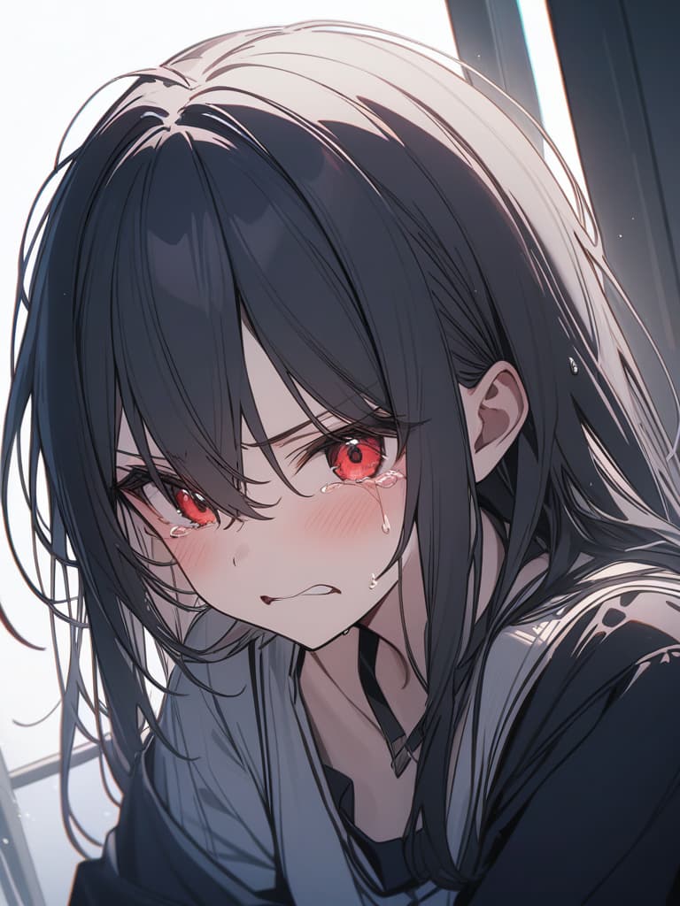  Angry, crying, black hair, red eyes, masterpiece, best quality,8k,ultra detailed,high resolution,an extremely delicate and beautiful,hyper detail