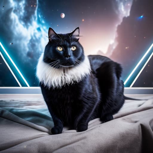  black cat on a background of space hyperrealistic, full body, detailed clothing, highly detailed, cinematic lighting, stunningly beautiful, intricate, sharp focus, f/1. 8, 85mm, (centered image composition), (professionally color graded), ((bright soft diffused light)), volumetric fog, trending on instagram, trending on tumblr, HDR 4K, 8K