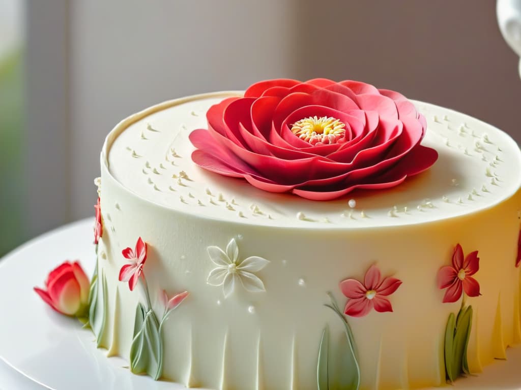  A closeup, ultradetailed image of a delicate, intricate sugar flower being meticulously crafted by skilled hands. The image showcases the meticulous artistry and precision involved in the creation of exquisite pastries, with every tiny petal and detail sharply defined in stunning clarity. The soft natural light highlights the subtle shades of pink and white in the flower, emphasizing the craftsmanship and dedication required in the art of pastry making. hyperrealistic, full body, detailed clothing, highly detailed, cinematic lighting, stunningly beautiful, intricate, sharp focus, f/1. 8, 85mm, (centered image composition), (professionally color graded), ((bright soft diffused light)), volumetric fog, trending on instagram, trending on tumblr, HDR 4K, 8K