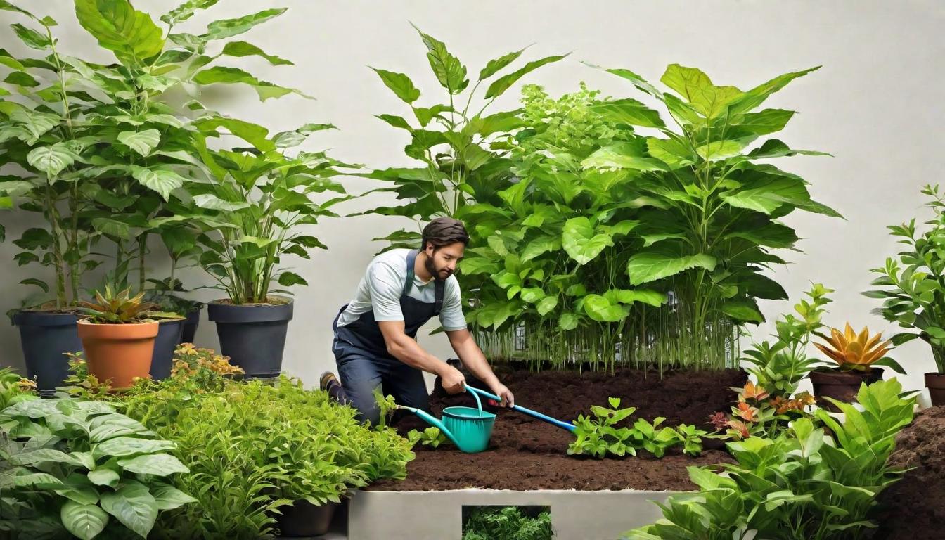  digital illustration, A person gardening, surrounded by plants, earthy tones, sense of grounding, looking at viewer, dynamic pose, (intricate details, masterpiece, best quality)