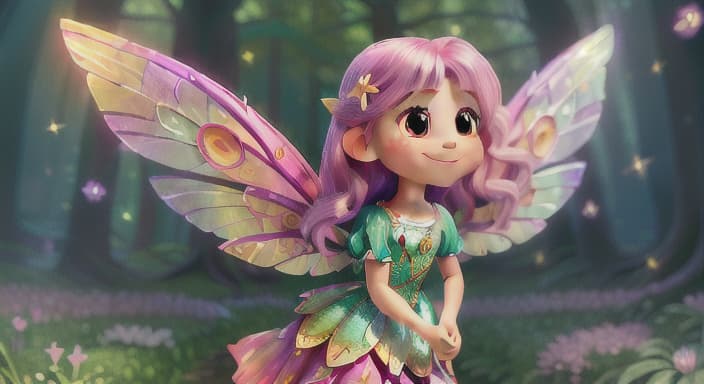  {The first image shows a beautiful fairy with sparkling wings dancing in a magical forest filled with colorful flowers and majestic trees., Lily is a small fairy with long flowing hair and wings that shimmer like a rainbow. She wears a dress made of petals and twigs, and her smile is always warm and friendly.