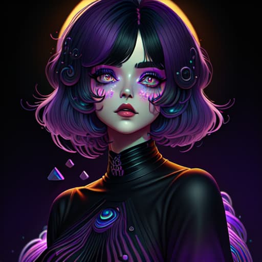 in OliDisco style  huge bobs. black and purple. gradient hair style. cute . long eyelashes. background dark. rich details. 32k.