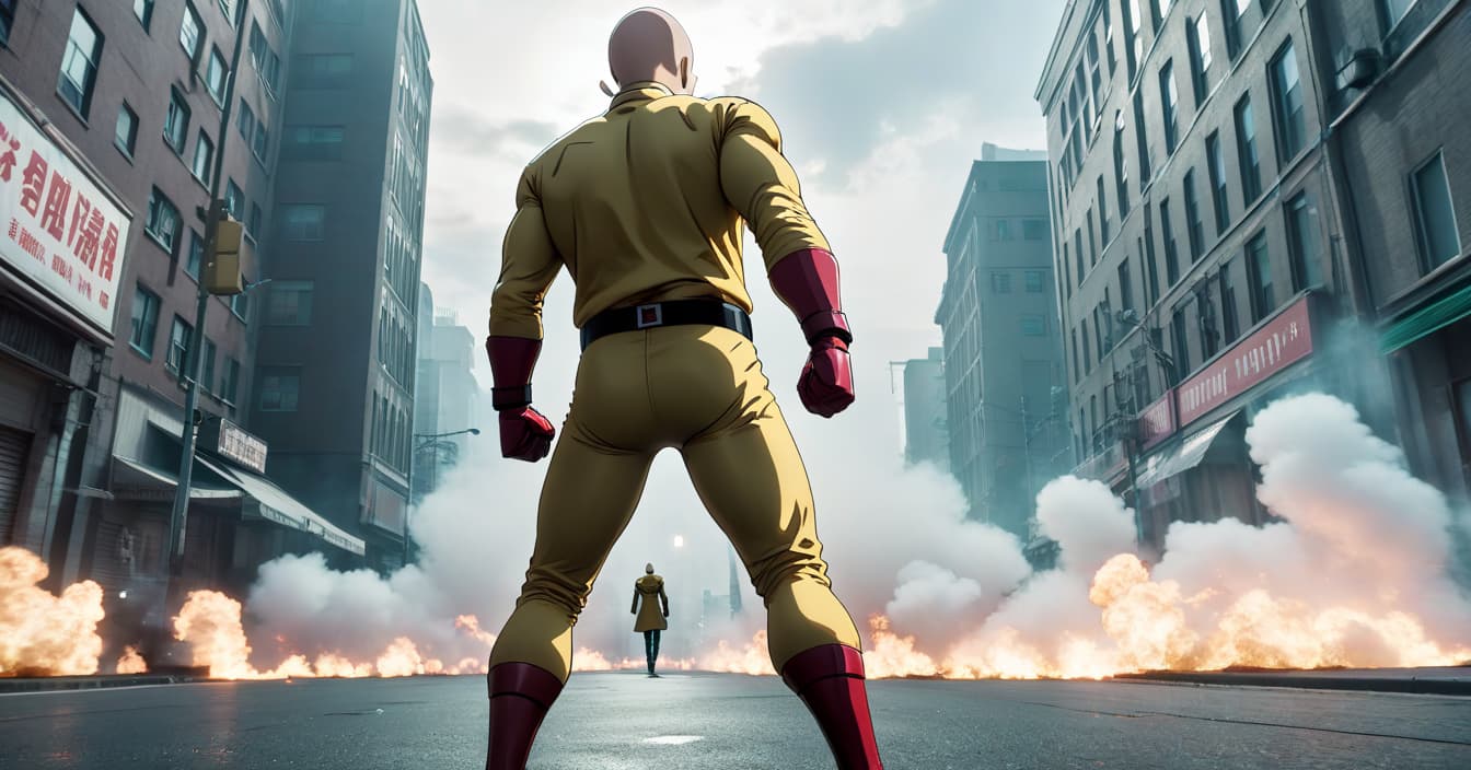  One Punch Man. Saitama. fighting in the city. full body. close up. hyperrealistic, full body, detailed clothing, highly detailed, cinematic lighting, stunningly beautiful, intricate, sharp focus, f/1. 8, 85mm, (centered image composition), (professionally color graded), ((bright soft diffused light)), volumetric fog, trending on instagram, trending on tumblr, HDR 4K, 8K