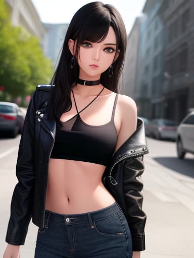  Girl with black just below shoulder hair and turquoise eyes,seriously sight, black shirt, jean black jacket and black trouserse, ((best quality)), ((masterpiece)), highly detailed, absurdres, HDR 4K, 8K