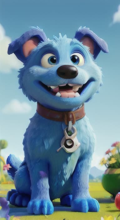  {Max carefully picking up the ball with his teeth without disturbing the flowers, The big blue dog is large with sky blue fur, big round eyes, a black nose, and floppy ears.