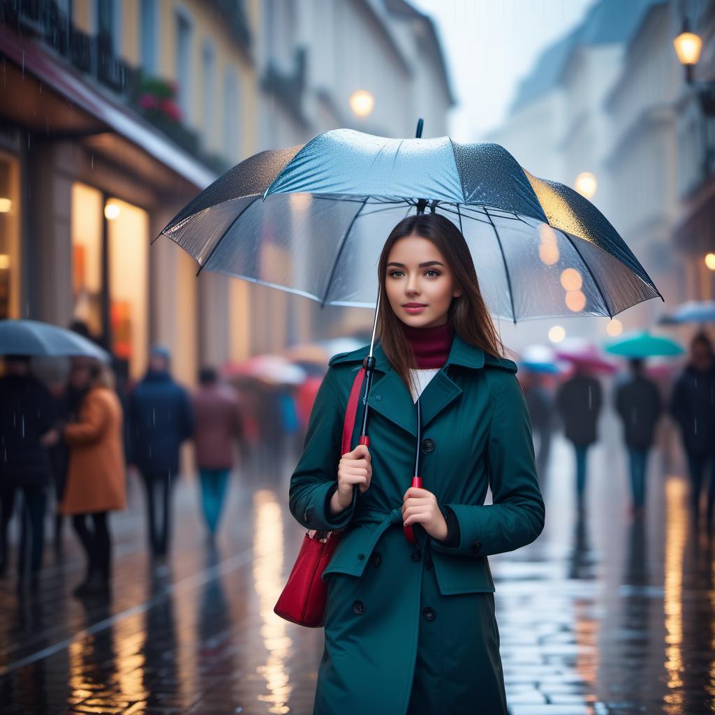  A girl in a coat standing in the street, holding an umbrella in her hand, it's raining, beautiful reflections, a crowd of people, depth of field, 8k, high quality