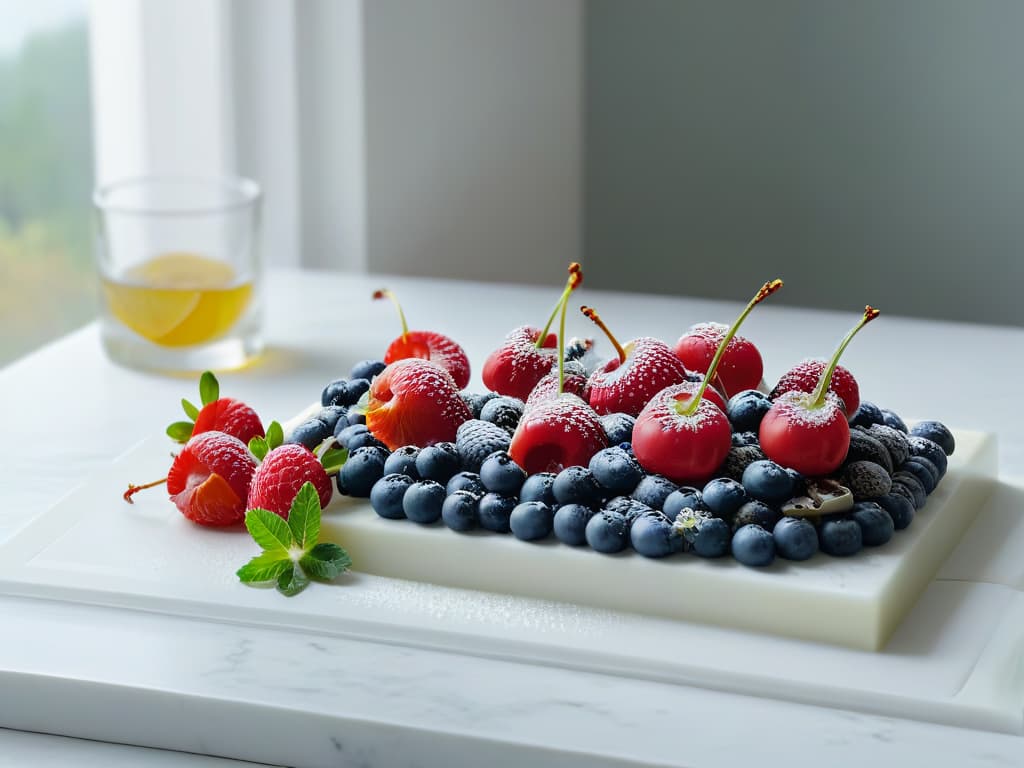  A minimalist image of a serene kitchen setting with a sleek marble countertop, adorned with a scattering of vibrant, freshly picked berries and a scattering of delicate vanilla pods. The soft, natural light filtering through a nearby window highlights the textures and colors of the ingredients, creating a sense of tranquility and anticipation for a culinary adventure. hyperrealistic, full body, detailed clothing, highly detailed, cinematic lighting, stunningly beautiful, intricate, sharp focus, f/1. 8, 85mm, (centered image composition), (professionally color graded), ((bright soft diffused light)), volumetric fog, trending on instagram, trending on tumblr, HDR 4K, 8K