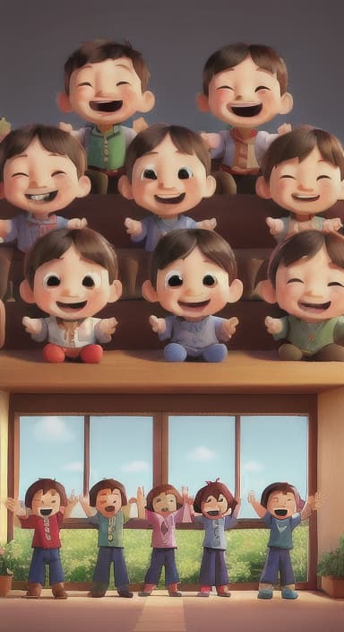  {A heartwarming scene of all the children waving goodbye with happy expressions., Children waving with wide smiles, looking grateful and content.