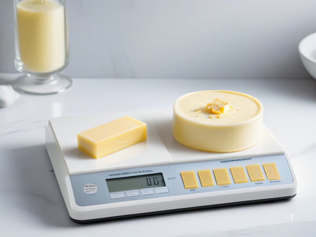  A highresolution, minimalist image featuring a sleek and modern kitchen scale displaying perfectly measured portions of rich, golden butter and smooth, creamy margarine side by side on a pristine white marble countertop. The soft, natural lighting highlights the contrasting textures and hues of the two ingredients, evoking a sense of precision and quality in baking choices. hyperrealistic, full body, detailed clothing, highly detailed, cinematic lighting, stunningly beautiful, intricate, sharp focus, f/1. 8, 85mm, (centered image composition), (professionally color graded), ((bright soft diffused light)), volumetric fog, trending on instagram, trending on tumblr, HDR 4K, 8K