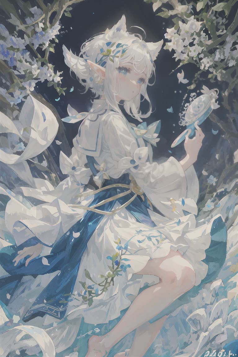  master piece , best quality,Elf ears, white hair, bobbed hair, soap bubbles, blue petals, white dress