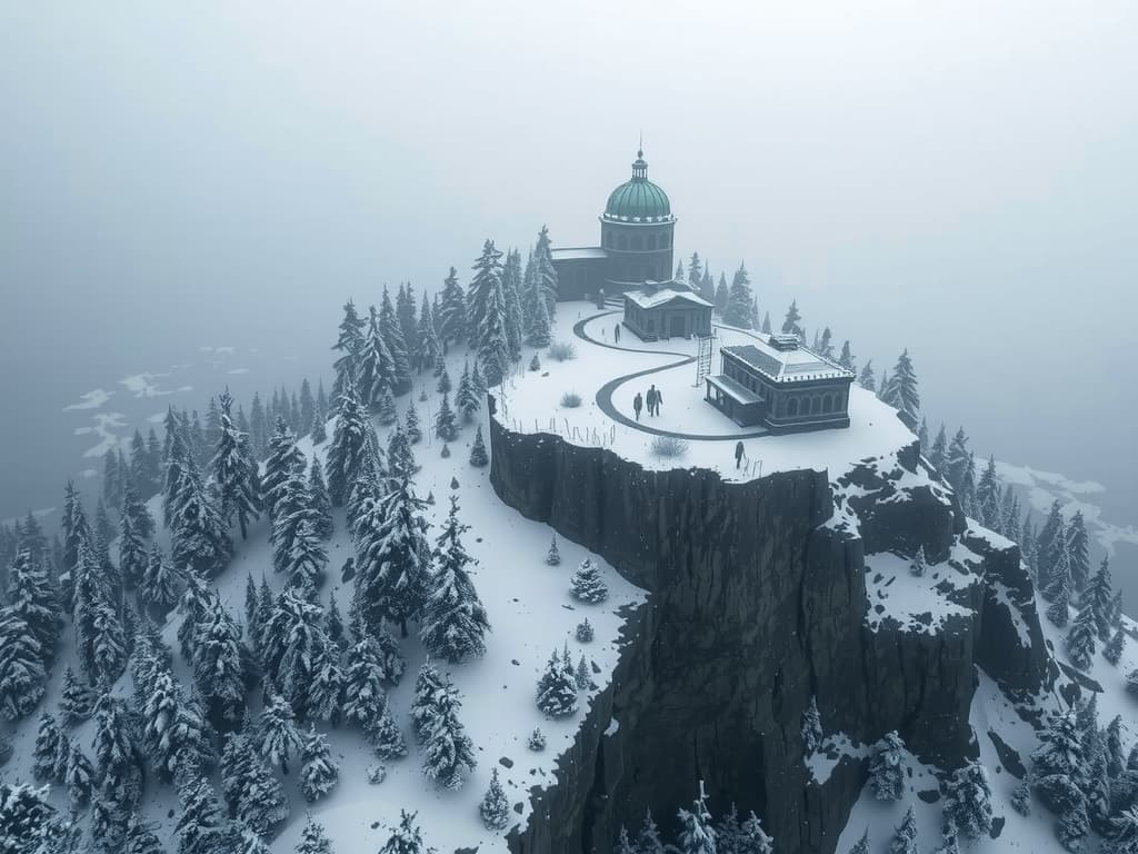  snowy arctic island covered in pine forests just above a stormy sea, the island looms 150 feet over the water in icy, treacherous cliffs, gothic mausoleum stands on the northern end of the island, haunting, 1990s ravenloft art ar 16:9 hyperrealistic, full body, detailed clothing, highly detailed, cinematic lighting, stunningly beautiful, intricate, sharp focus, f/1. 8, 85mm, (centered image composition), (professionally color graded), ((bright soft diffused light)), volumetric fog, trending on instagram, trending on tumblr, HDR 4K, 8K