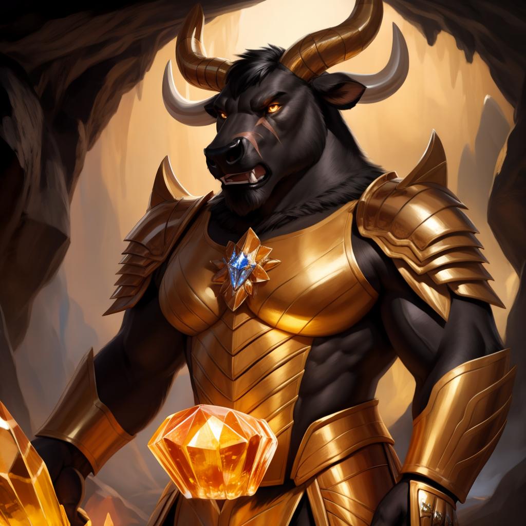  By chunie, by Meesh, 3d, portrait, full view, full body, detailed eyes, glowing eyes:2, sharp detail, masterpiece, crystallized amber horns:2, photorealistic:2, solo, anthro, male, black bull, scar on face, large muzzle, a black bull meditate in a large amber crystal cave(amber glowing crystal), casting a huge glowing earth spell:2, roaring, angry face:2, yelling, serious face:2, rage, enraged:2, sparkling amber crystal armor:2, surrounded by glowing amber crystals:2, glowing crystals in background:2, ultra detailed glowing amber crystals, ultra detailed sparkling amber crystal armor:2, sfw, thick body:2, muscular body:2, large body:2, stare at the camera, open eyes, digital art, masterpiece, 4k, fine details,