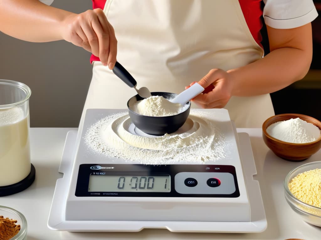  An ultradetailed photorealistic image of a professional baker meticulously measuring out flour on a digital scale, with the focus on the precision and accuracy of the process. The baker's hands are delicately holding a measuring spoon filled with baking powder, while the background showcases an array of neatly organized baking ingredients in sleek, modern containers. The lighting is soft yet highlighting the details of the ingredients, emphasizing the importance of precise measurements in baking. hyperrealistic, full body, detailed clothing, highly detailed, cinematic lighting, stunningly beautiful, intricate, sharp focus, f/1. 8, 85mm, (centered image composition), (professionally color graded), ((bright soft diffused light)), volumetric fog, trending on instagram, trending on tumblr, HDR 4K, 8K