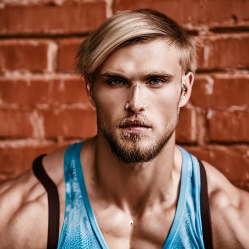 portrait+ style Russian queer fitness model blonde hunk dude face