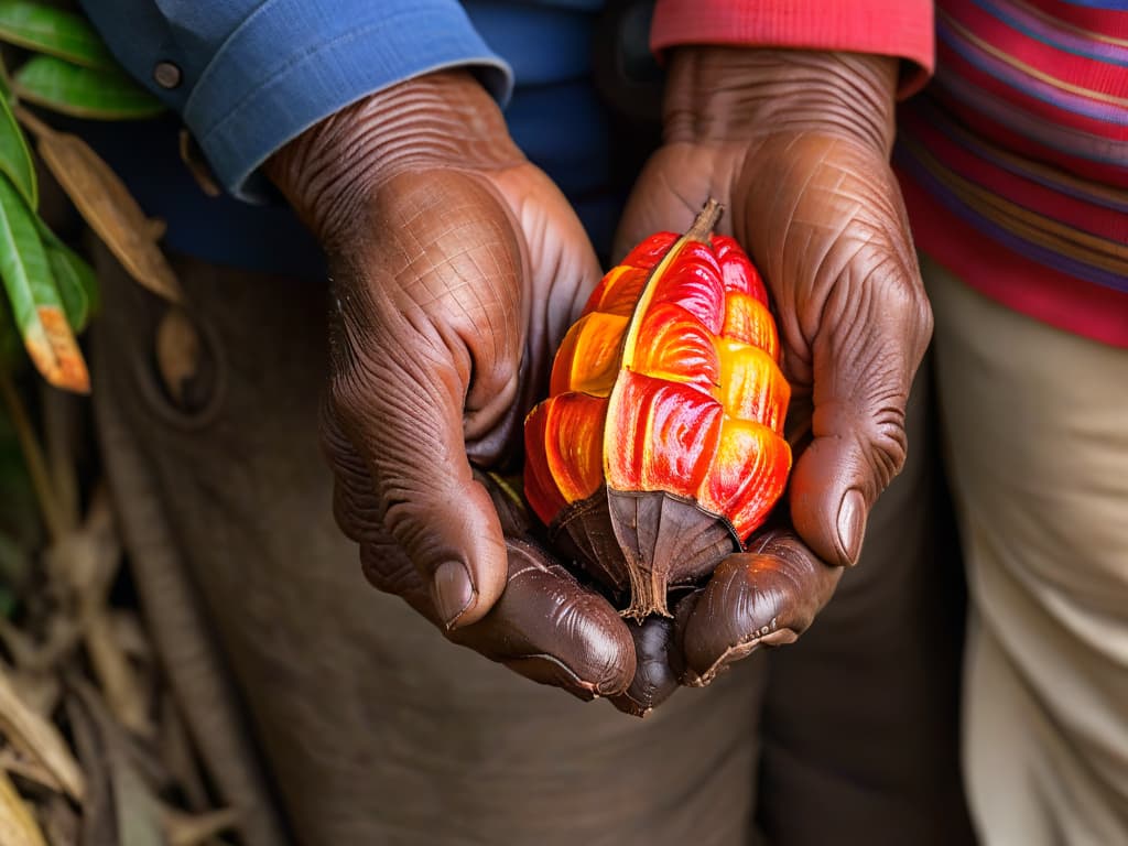  A closeup, ultradetailed image of a pair of weathered hands gently holding a vibrant, ripe cocoa pod, showcasing the intricate textures and rich colors of the pod's surface. The hands belong to a smiling, elderly cocoa farmer with deep wrinkles and calloused palms, conveying years of hard work and dedication to cultivating sustainable, fair trade ingredients. The background is softly blurred, emphasizing the farmer's hands and the cocoa pod in the forefront, symbolizing the connection between the producer and the raw, natural beauty of the ingredients in the Fair Trade supply chain. hyperrealistic, full body, detailed clothing, highly detailed, cinematic lighting, stunningly beautiful, intricate, sharp focus, f/1. 8, 85mm, (centered image composition), (professionally color graded), ((bright soft diffused light)), volumetric fog, trending on instagram, trending on tumblr, HDR 4K, 8K