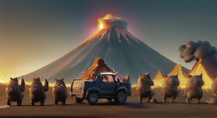  {Jake leading a group of animals towards safety as the volcano spewed lava., Jake's bumper was filled with fleeing animals of all shapes and sizes.