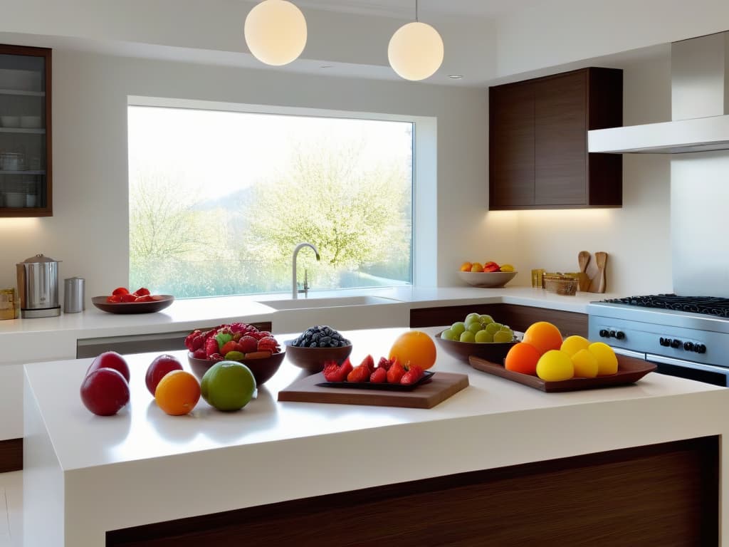  An ultradetailed image of a sleek, modern kitchen filled with an array of colorful baking ingredients neatly organized on pristine white countertops. In the background, a row of gleaming stainless steel appliances hums softly, adding a touch of sophistication to the minimalist aesthetic. The soft natural light streaming in from a large window highlights the intricate details of the fresh fruits, vibrant spices, and premium chocolates, creating an inviting atmosphere that sparks creativity and inspires aspiring pastry chefs. hyperrealistic, full body, detailed clothing, highly detailed, cinematic lighting, stunningly beautiful, intricate, sharp focus, f/1. 8, 85mm, (centered image composition), (professionally color graded), ((bright soft diffused light)), volumetric fog, trending on instagram, trending on tumblr, HDR 4K, 8K