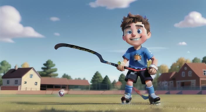  {Thomas playing hockey with pure joy on a sunny day., Thomas's love for hockey radiates from him, his face beaming with happiness as he plays under the sunny sky.