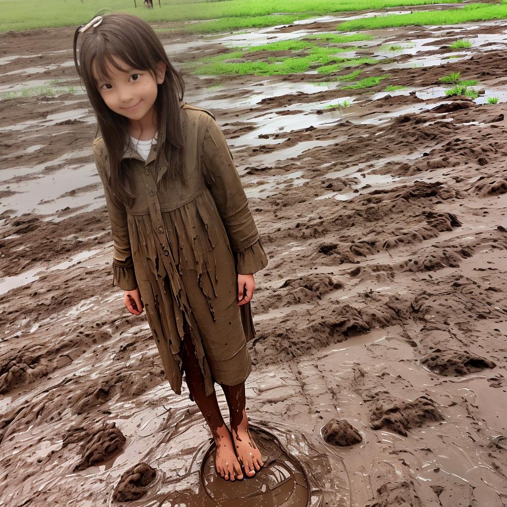  A girl was standing barefoot in the mud, her feet covered with mud and sticking out.