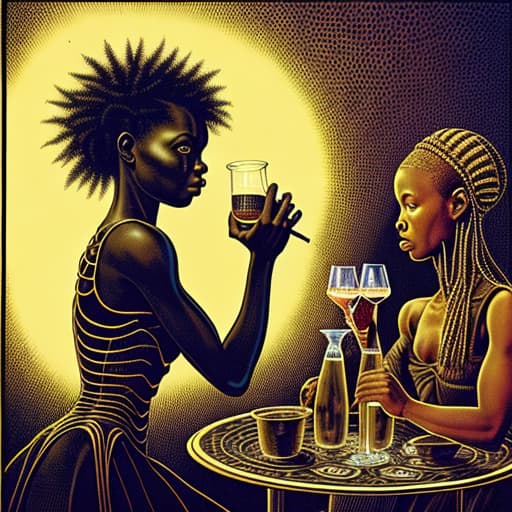  Alice and a African girl having a drink at a wild drinking party, stable diffusion, absolute reality v1.6, in the style of hr giger and moebius