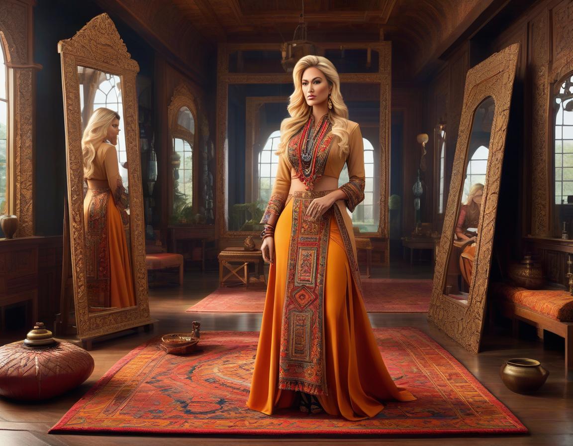  Representational art of a place where inventions and adventures are felt, very detailed and deep depiction. A blonde woman in ethnic clothing stands on a rug, reflected in three mirrors. Use only three colors and their shades. ## Translation of the user prompt: The artist must create a piece of work representing a place where inventions and adventures are felt. This artwork should be very detailed and multi layered. There is a blonde woman dressed in ethnic clothing, standing on a rug. She is reflected in three mirrors. Only three colors and their shades should be used in this painting. hyperrealistic, full body, detailed clothing, highly detailed, cinematic lighting, stunningly beautiful, intricate, sharp focus, f/1. 8, 85mm, (centered image composition), (professionally color graded), ((bright soft diffused light)), volumetric fog, trending on instagram, trending on tumblr, HDR 4K, 8K