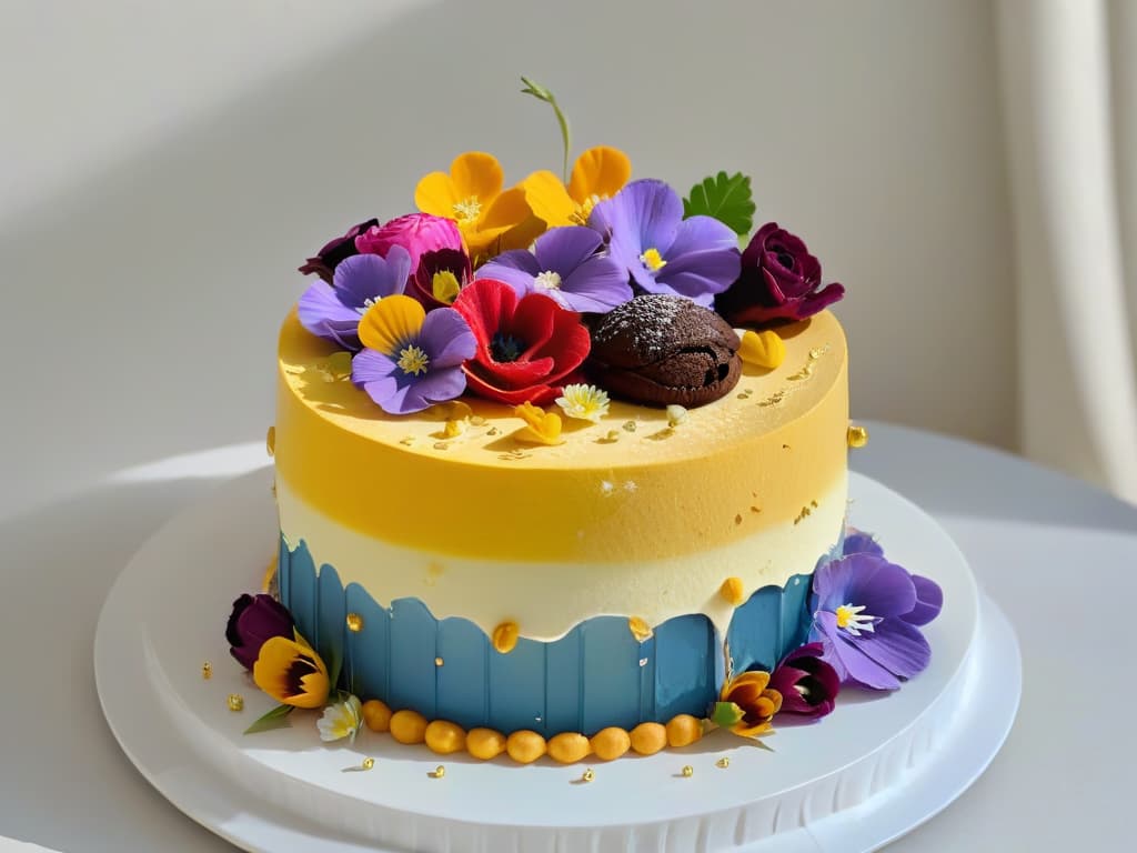  A closeup, ultradetailed image of a vibrant, multilayered rainbow cake, topped with a delicate sprinkle of edible flowers and a dusting of shimmering gold flakes. Each layer of the cake showcases a different texture and color, from rich chocolate to fluffy vanilla, creating a visually stunning and mouthwatering dessert that embodies inclusivity and creativity. The cake is elegantly presented on a sleek, white ceramic plate, with soft natural lighting casting gentle shadows to highlight its intricate details and inviting allure. hyperrealistic, full body, detailed clothing, highly detailed, cinematic lighting, stunningly beautiful, intricate, sharp focus, f/1. 8, 85mm, (centered image composition), (professionally color graded), ((bright soft diffused light)), volumetric fog, trending on instagram, trending on tumblr, HDR 4K, 8K