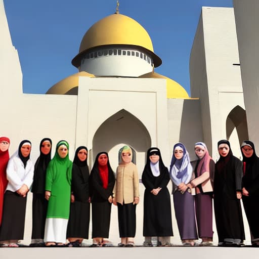  give me a picture or a photo, there are 7 people in anime shape, standing in front of a mosque, and there is a palestinian treasurer and a white red flag and dressed up these 7 people have the inscription IAT 23 INDONESIA