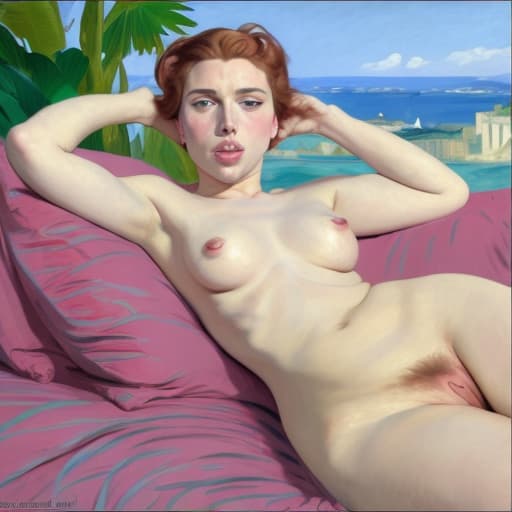  Reclining Scarlett Johansson (naked)(with pink cheeks)(painted in the style of Édouard Manet)