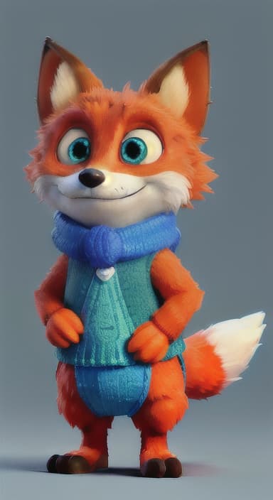  {Error the fox pressing the blue button with his paw, looking puzzled as nothing occurs., Error is a small, bright orange fox with a fluffy tail and big, inquisitive eyes. He has a mischievous yet kind expression and wears a tiny green scarf.