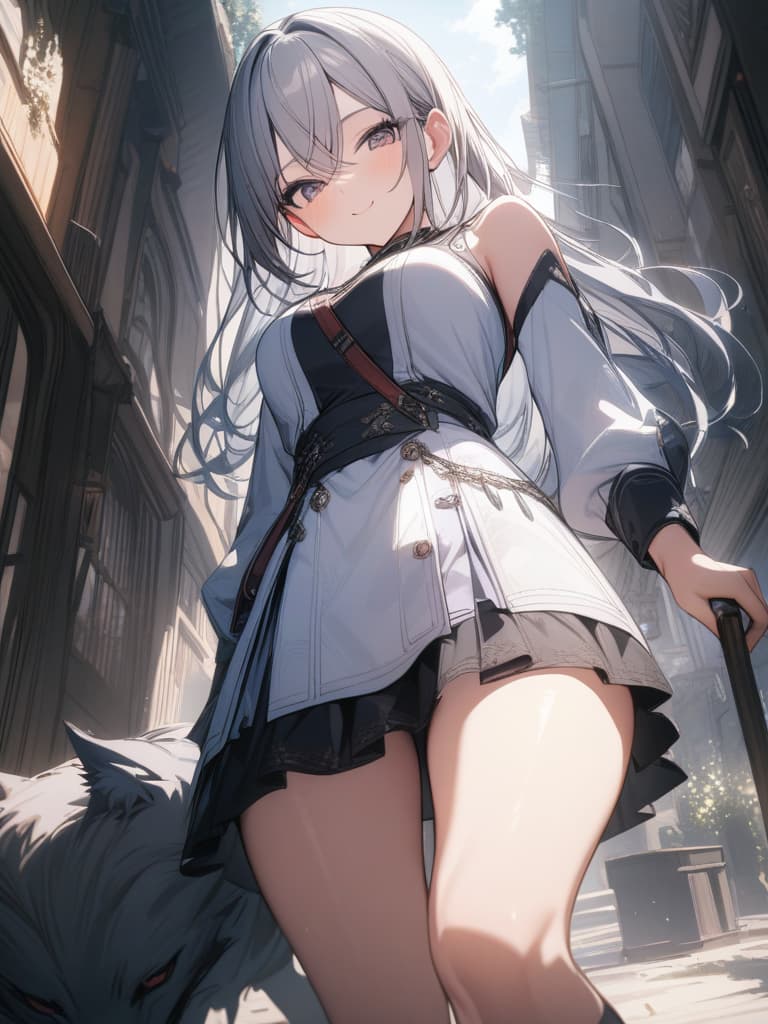  Thighs, women, smiles, gray hair, wolf cut, masterpiece, best quality,8k,ultra detailed,high resolution,an extremely delicate and beautiful,hyper detail