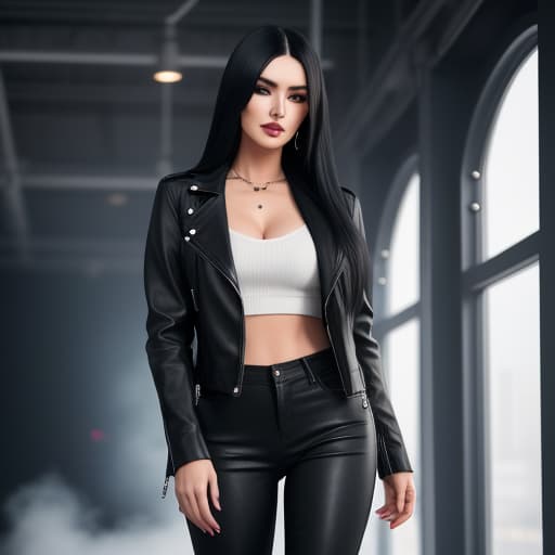  A young woman with long black hair, dressed in a black leather jacket, black jeans, and black heeled boots, with makeup hyperrealistic, full body, detailed clothing, highly detailed, cinematic lighting, stunningly beautiful, intricate, sharp focus, f/1. 8, 85mm, (centered image composition), (professionally color graded), ((bright soft diffused light)), volumetric fog, trending on instagram, trending on tumblr, HDR 4K, 8K