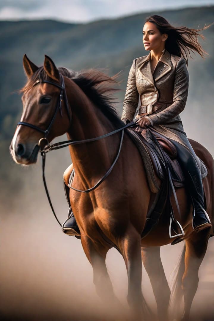  Beautiful girl riding a horse hyperrealistic, full body, detailed clothing, highly detailed, cinematic lighting, stunningly beautiful, intricate, sharp focus, f/1. 8, 85mm, (centered image composition), (professionally color graded), ((bright soft diffused light)), volumetric fog, trending on instagram, trending on tumblr, HDR 4K, 8K