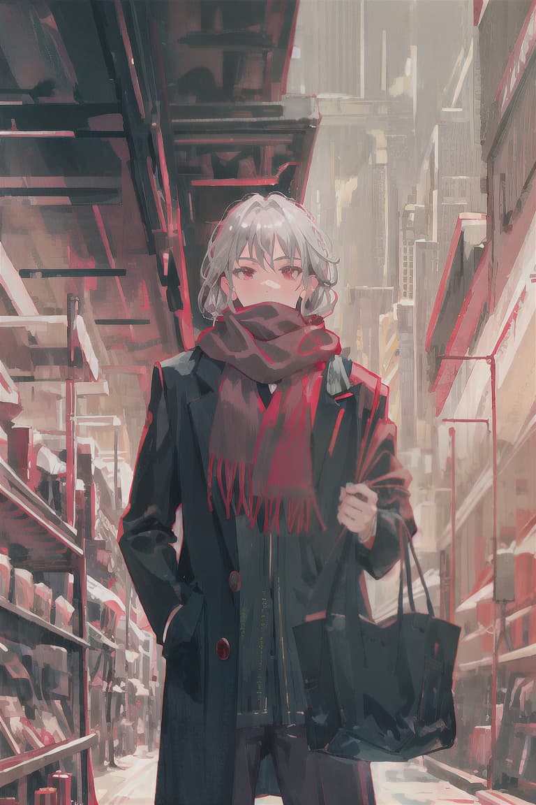  master piece , best quality,Gray hair, male, red scarf, long black coat, adventurer