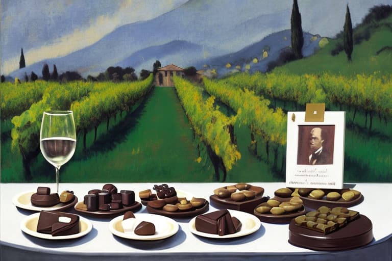  Marlon Brando as the godfather in Italy and a vineyard dressed in modern designer attire. Foreground plates of fine dark chocolates on a table. Background vineyard Painting style of Edgar Degas