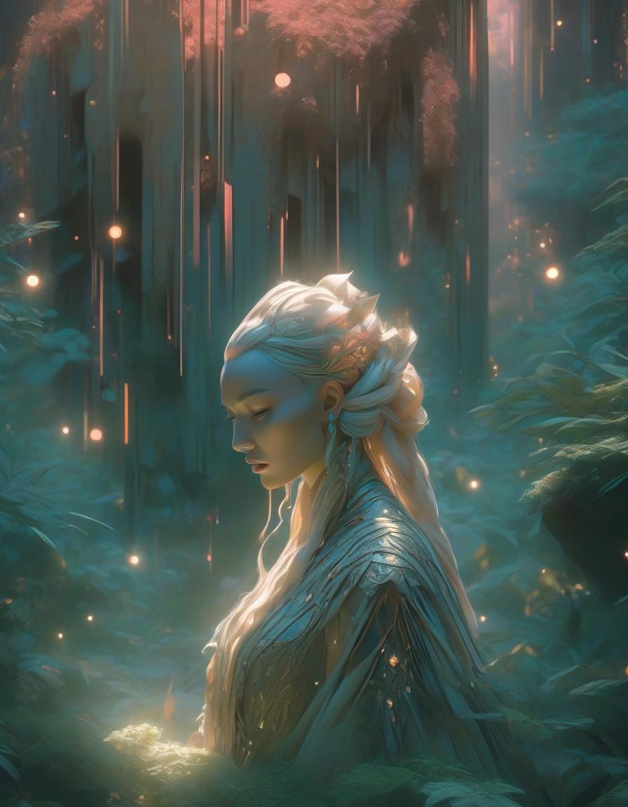  A stunning digital painting of a mysterious forest woman with intricate details, geometric patterns, and surreal elements. The artwork is highly detailed, photorealistic, and beautifully balanced, showcasing a masterful blend of fantasy and realism. hyperrealistic, full body, detailed clothing, highly detailed, cinematic lighting, stunningly beautiful, intricate, sharp focus, f/1. 8, 85mm, (centered image composition), (professionally color graded), ((bright soft diffused light)), volumetric fog, trending on instagram, trending on tumblr, HDR 4K, 8K