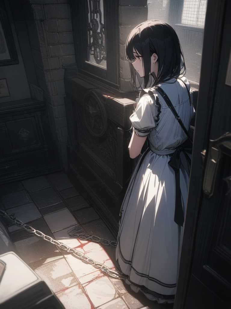  Gles, black hair, id, maid, , crying, sober , cobblestone room, chain, full of ault, bloody, masterpiece, best quality,8k,ultra detailed,high resolution,an extremely delicate and beautiful,hyper detail