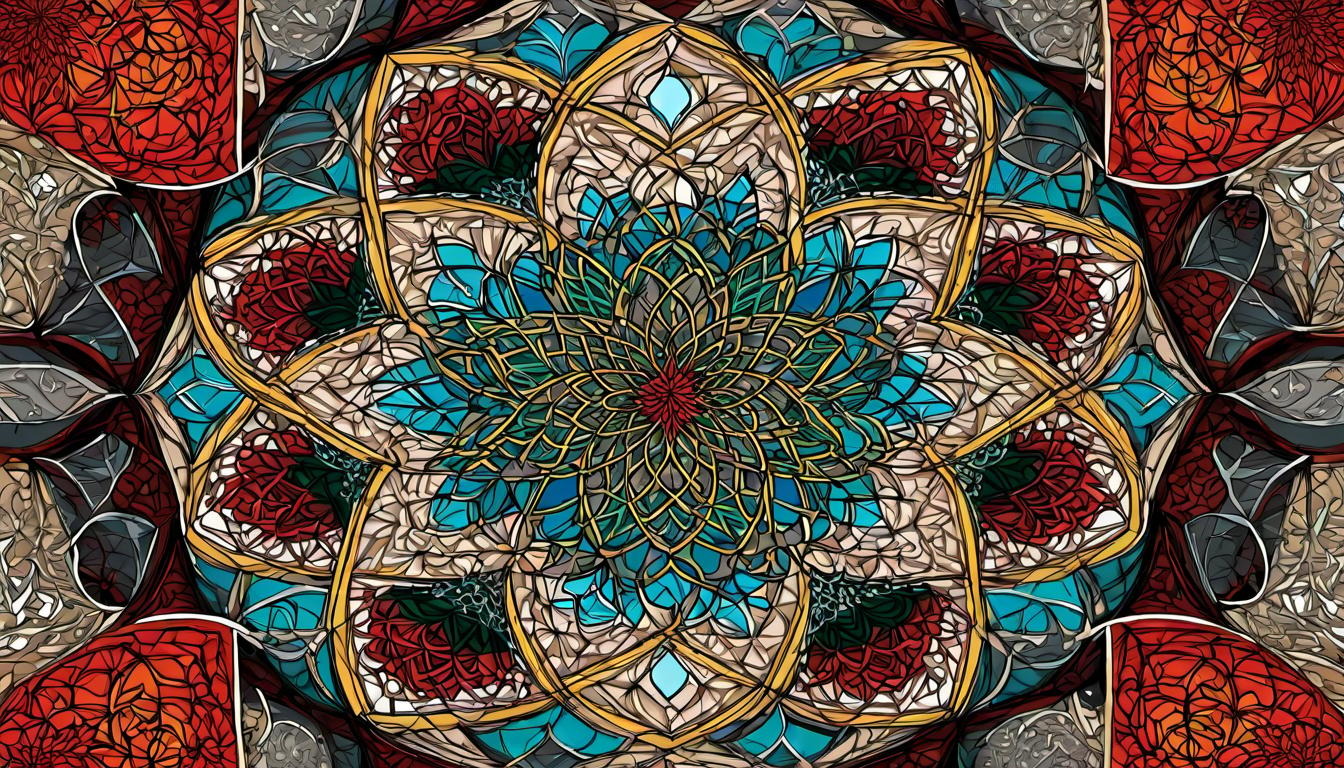  digital painting of Interwoven patterns of Islamic geometry surrounding a peaceful oasis, unity in diversity, quest for justice, harmonious balance, universal peace looking at viewer, dynamic pose, (intricate details, masterpiece, best quality)