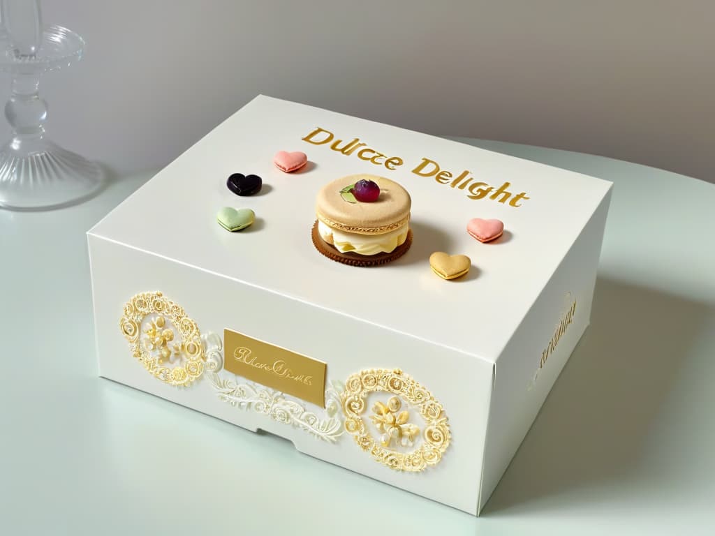  A closeup, ultradetailed image of a beautifully crafted, intricate pastry box made from premium cardboard material, featuring a sleek matte finish with embossed gold foil lettering that spells out "Dulce Delight" in elegant cursive font. The box is adorned with a subtle pattern of miniature illustrations depicting various delectable desserts such as macarons, tarts, and cupcakes, all artfully arranged in a stylish and minimalist design that exudes luxury and sophistication. hyperrealistic, full body, detailed clothing, highly detailed, cinematic lighting, stunningly beautiful, intricate, sharp focus, f/1. 8, 85mm, (centered image composition), (professionally color graded), ((bright soft diffused light)), volumetric fog, trending on instagram, trending on tumblr, HDR 4K, 8K