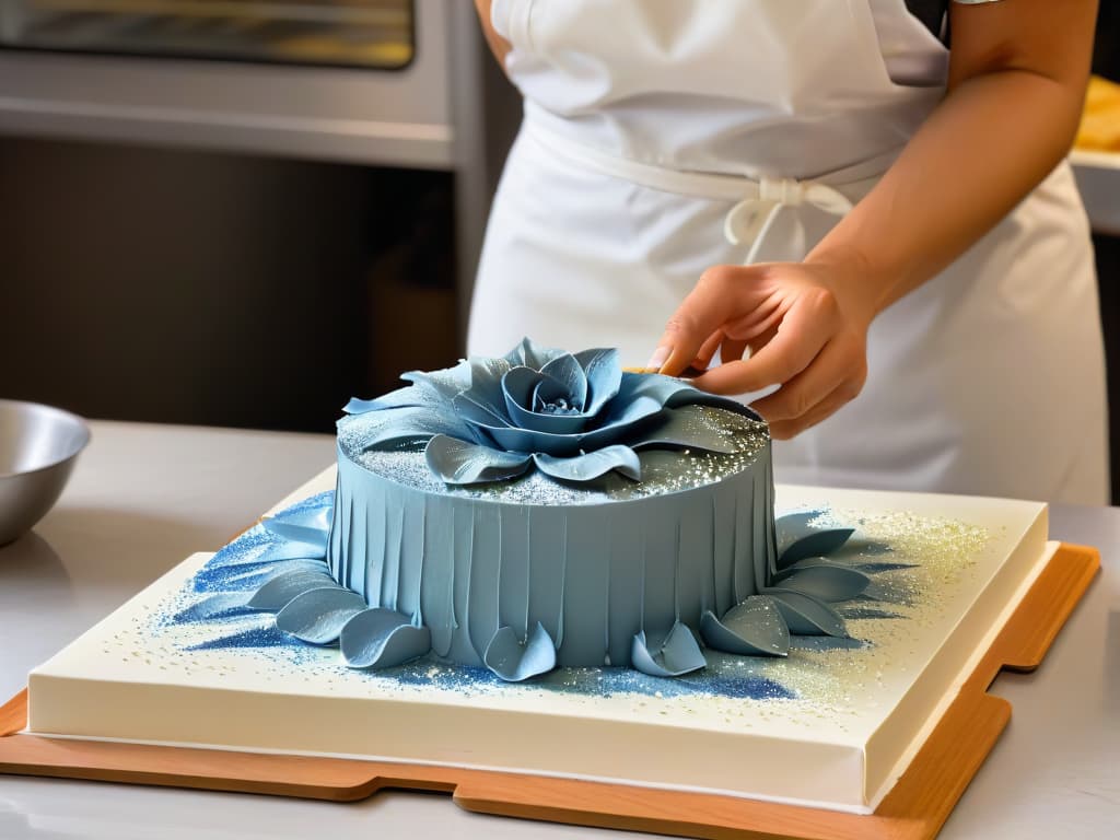  A closeup, ultradetailed image of a delicate sugar flower being meticulously crafted by a skilled pastry chef's hands. The intricate details of the petals, the fine dusting of edible glitter, and the focused expression on the chef's face are all captured in stunning clarity. The background is softly blurred to emphasize the artistry and precision of the culinary creation, highlighting the beauty and complexity of advanced pastry techniques through the lens of augmented reality. hyperrealistic, full body, detailed clothing, highly detailed, cinematic lighting, stunningly beautiful, intricate, sharp focus, f/1. 8, 85mm, (centered image composition), (professionally color graded), ((bright soft diffused light)), volumetric fog, trending on instagram, trending on tumblr, HDR 4K, 8K