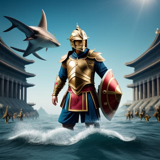  A shark wearing ancient bright red and gold Roman helmet and armor, whole body swimming in the water of disaster war zone, full body picture, in the style of xu beihong, appropriation artist, moosa al halyan, realistic, cyan, arabesque/scroll, wimmelbilder, 8k, high render,A turtle wearing ancient bright red and gold Roman helmet and armor, whole body swimming in the water of disaster war zone, full body picture, in the style of xu beihong, appropriation artist, moosa al halyan, realistic, cyan, arabesque/scroll, wimmelbilder, 8k, high render, A crab wearing ancient bright red and gold Roman helmet and armor, whole body swimming in the water of disaster war zone, full body picture, in the style of xu beihong, appropriation artist, moosa al 