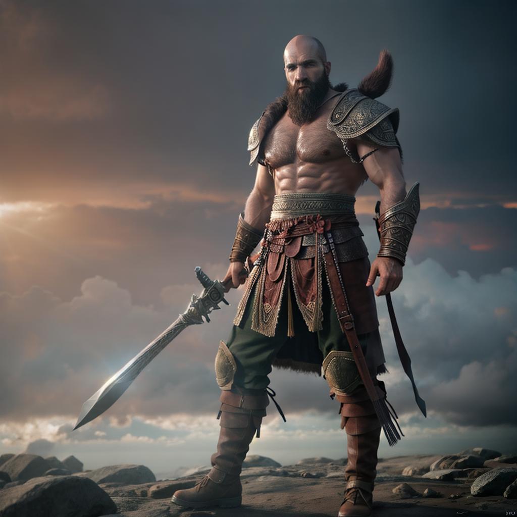  God of war hyperrealistic, full body, detailed clothing, highly detailed, cinematic lighting, stunningly beautiful, intricate, sharp focus, f/1. 8, 85mm, (centered image composition), (professionally color graded), ((bright soft diffused light)), volumetric fog, trending on instagram, trending on tumblr, HDR 4K, 8K