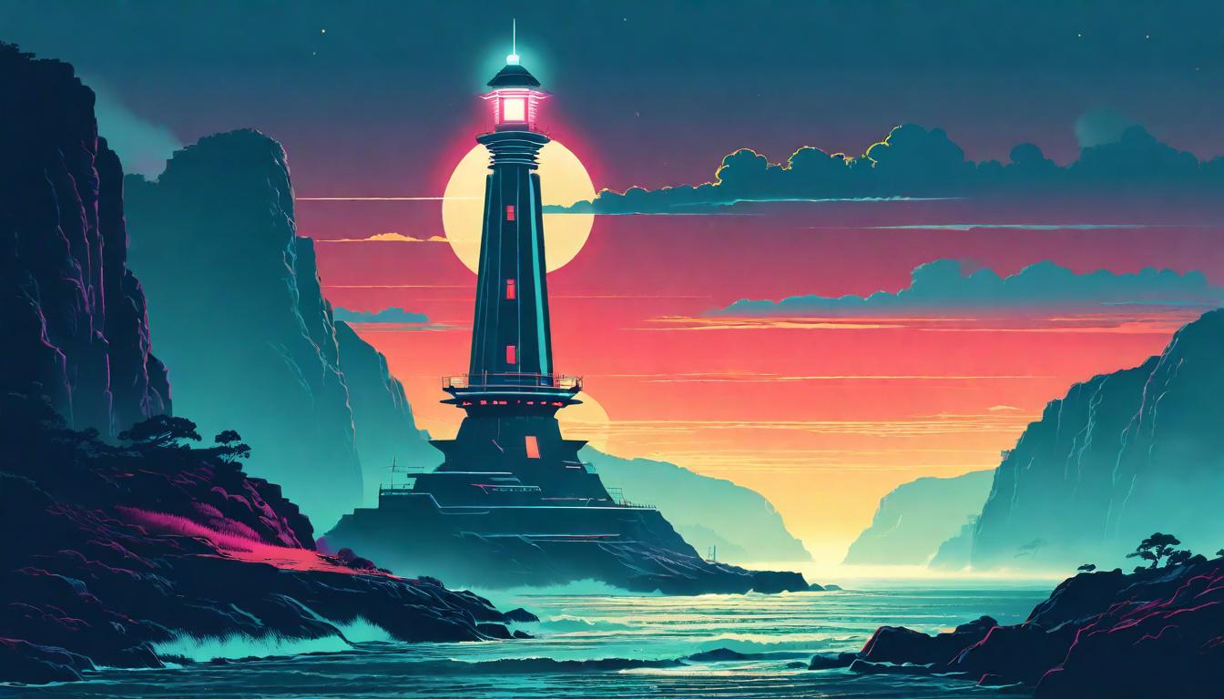  retro futuristic Beacon tower on a high cliff, its light cutting through the fog to guide ships at sea. A solitary guide, Illuminating the way forward, Paving new paths amidst obscurity, A symbol of leadership and inspiration. lvintage sci fi, 50s and 60s style, atomic age, vibrant, highly detailed